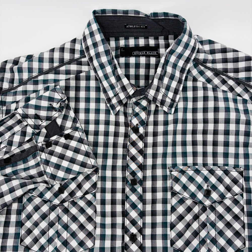Buckle Black Mens Large Athletic Fit Gingham Button Down Shirt Black White Gray